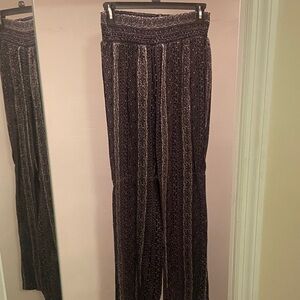 CAbi Black Patterned Wide-Leg Pants with Cream Stripe Detail